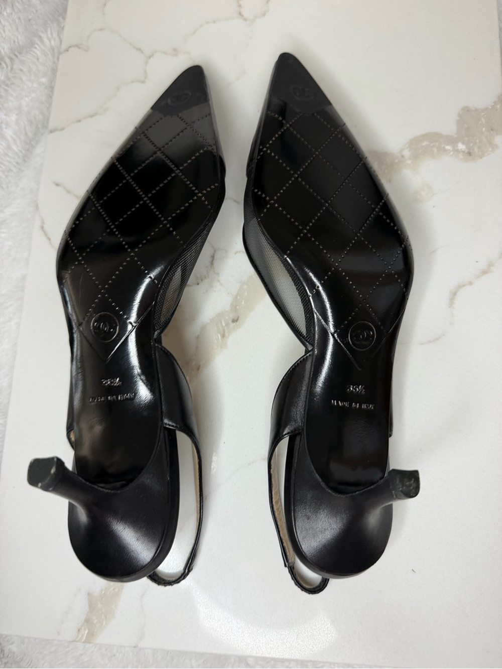 CHANEL Black Leather and Mesh Slingback Pointed Pumps - Picture 3 of 3